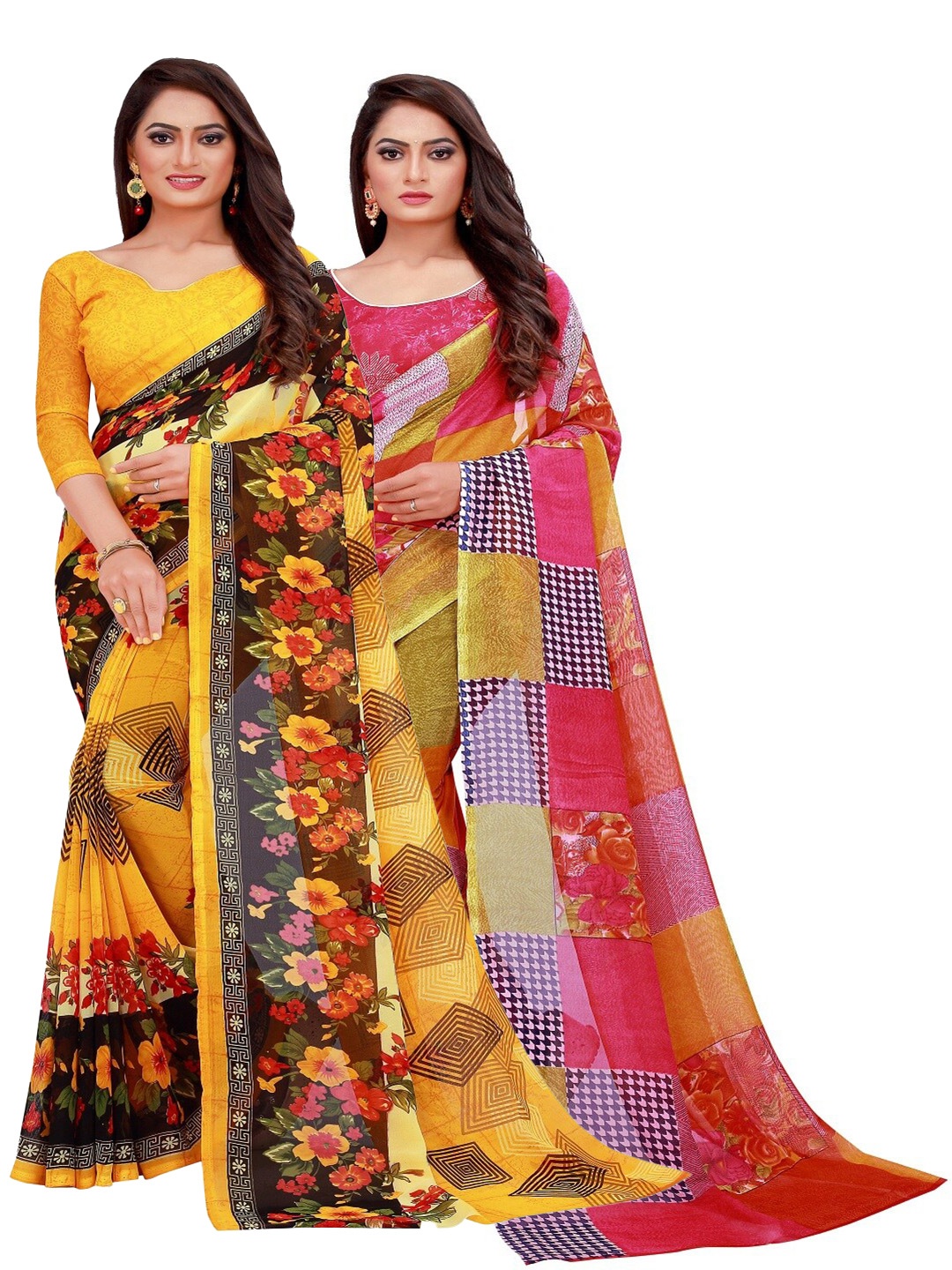 

Florence Pack of 2 Yellow & Red Printed Pure Georgette Saree