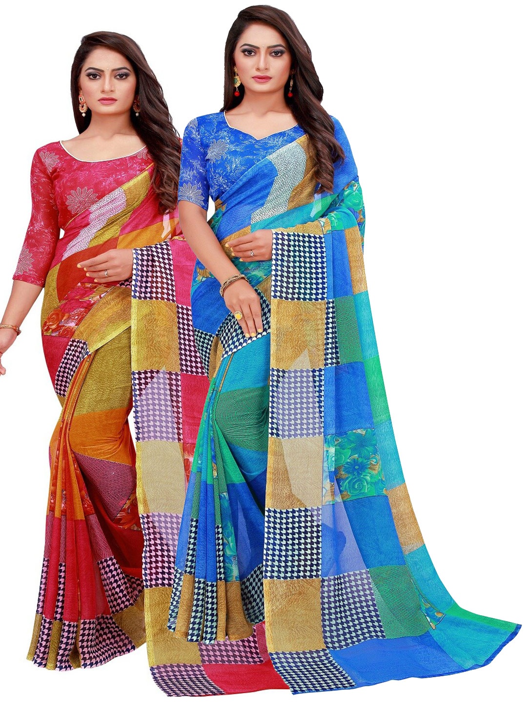

Florence Pack of 2 Blue & Red Floral Pure Georgette Saree