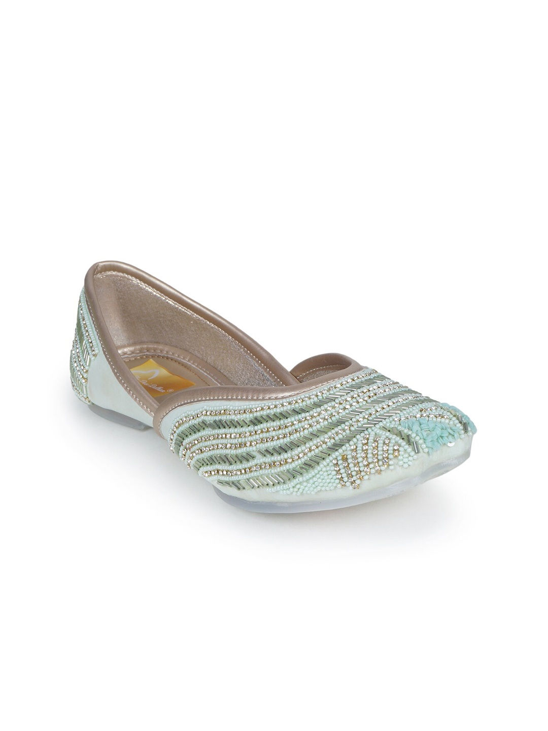 

The Desi Dulhan Women Sea Green Embellished Leather Mojaris