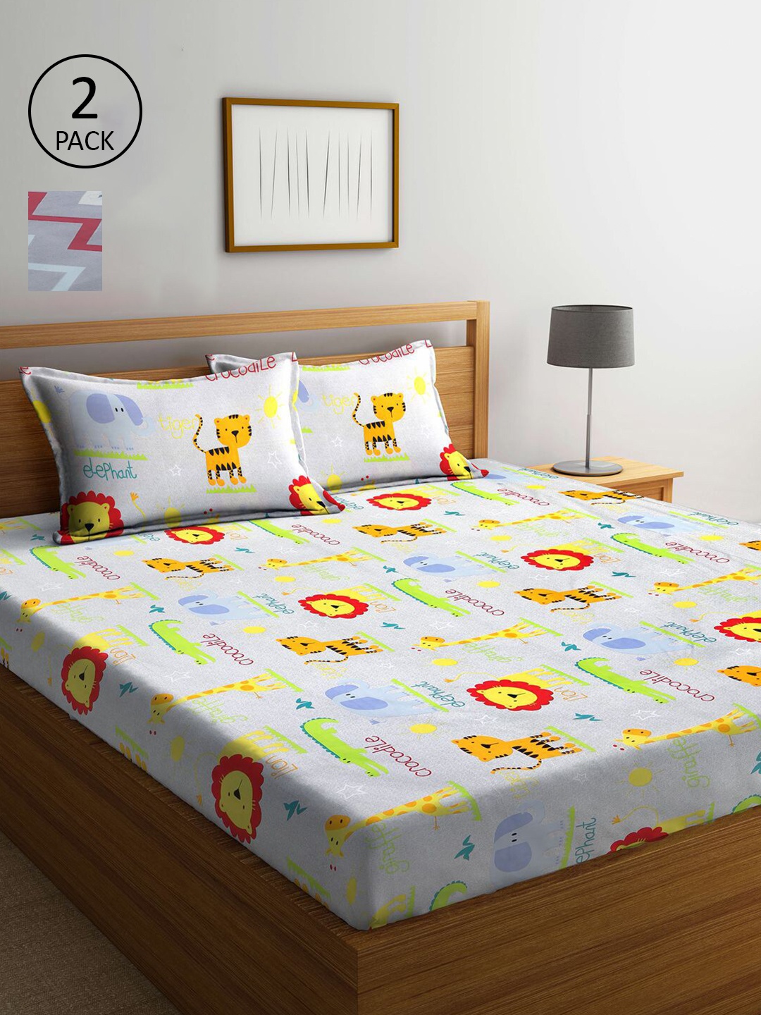 

KLOTTHE White & Grey Geometric 300 TC 2 King Bedsheet with 4 Pillow Covers