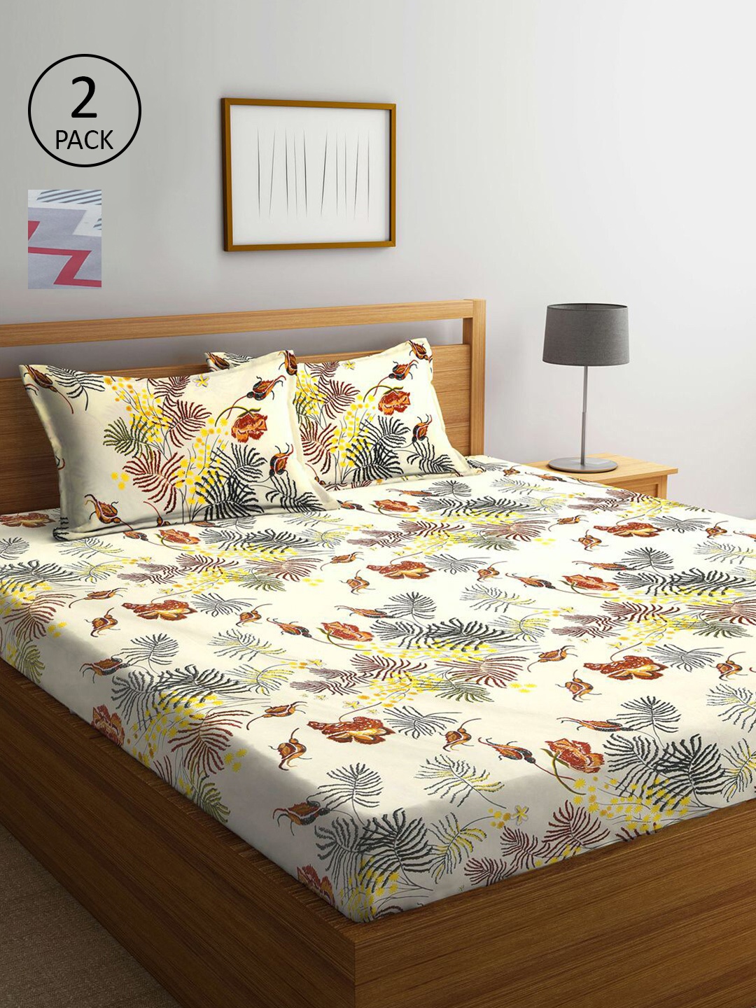 

KLOTTHE Grey & Cream-Coloured Floral 210 TC 2 King Bedsheet with 4 Pillow Covers