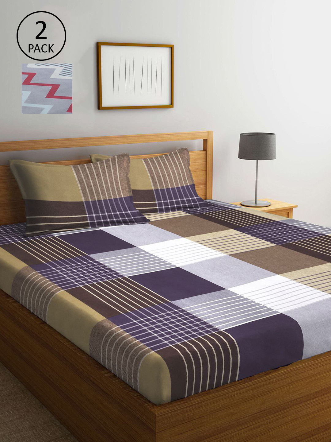 

KLOTTHE Pack Of 2 Grey & Red Geometric 210 TC 2 King Bedsheet with 4 Pillow Covers