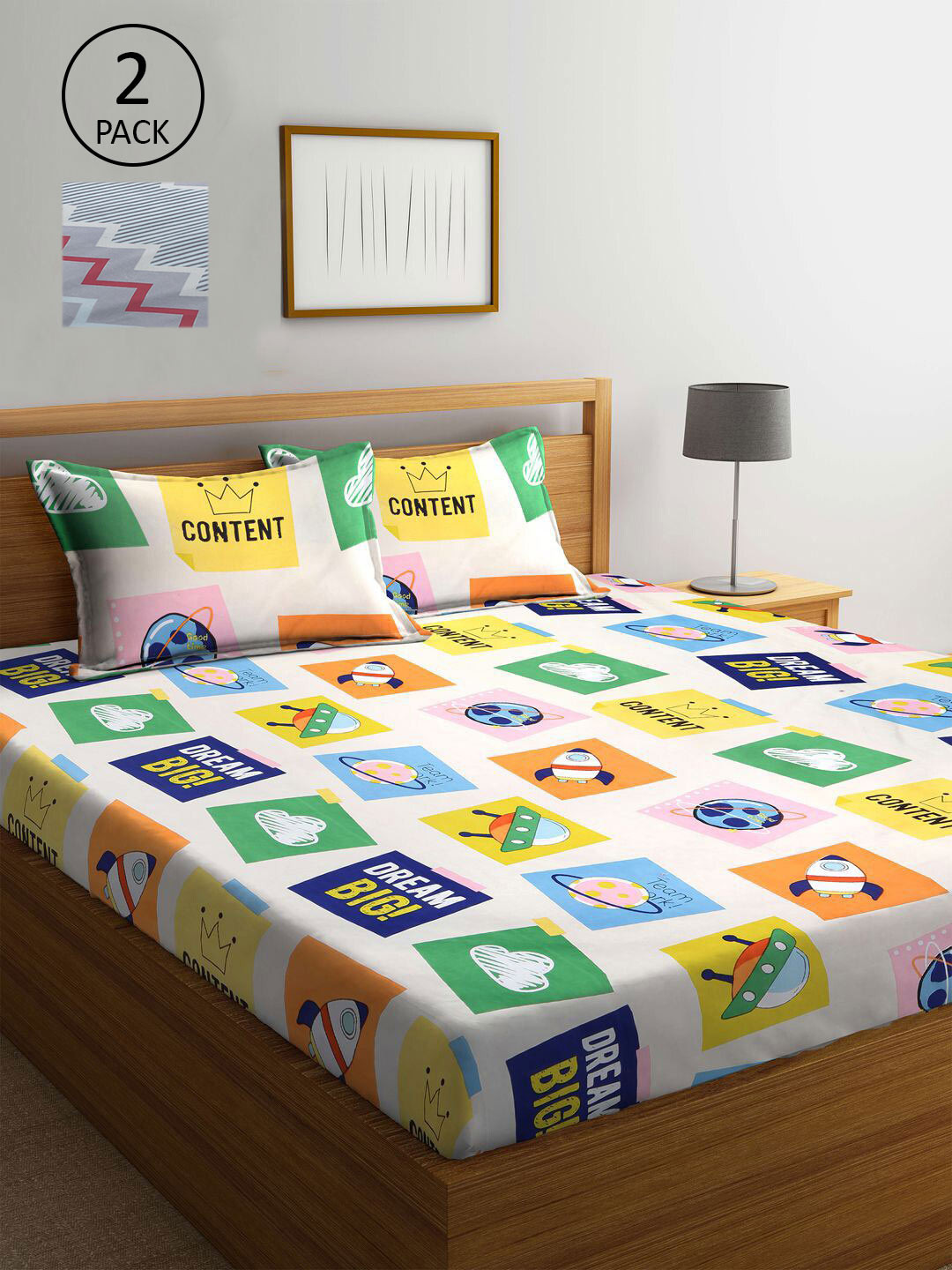 

KLOTTHE Pack Of 2 White & Grey Geometric 210 TC 2 King Bedsheet with 4 Pillow Covers