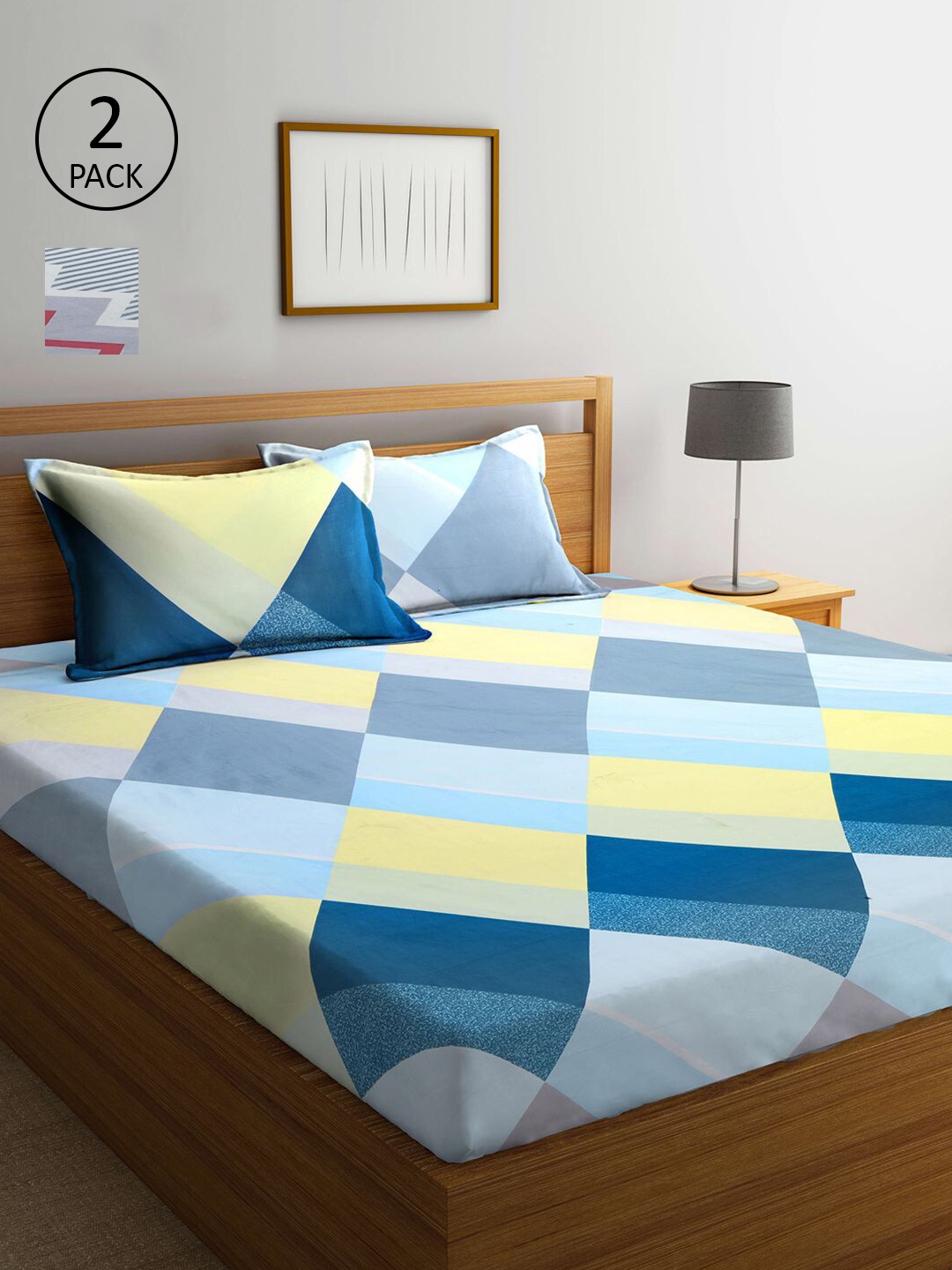

KLOTTHE Grey & Blue Geometric 210 TC 2 King Bedsheet with 4 Pillow Covers