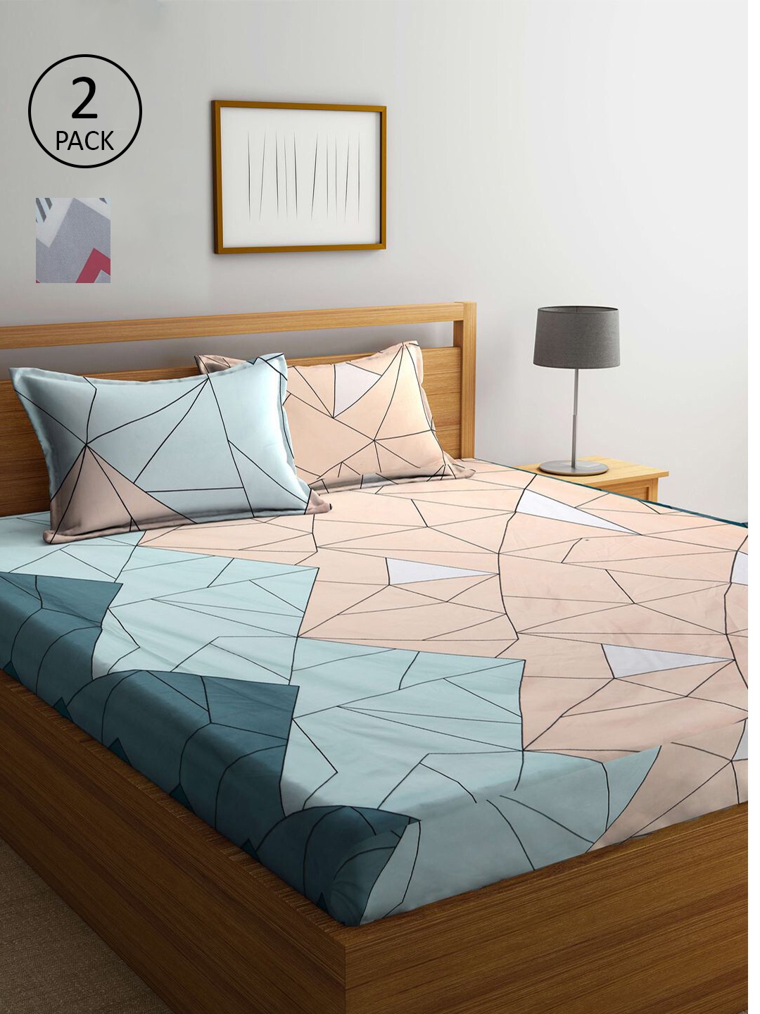 

KLOTTHE Blue & Grey Geometric 300 TC 2 King Bedsheet with 4 Pillow Covers