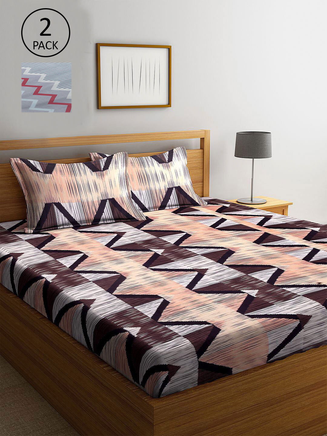 

KLOTTHE Brown & Grey Geometric 300 TC 2 King Bedsheet with 4 Pillow Covers