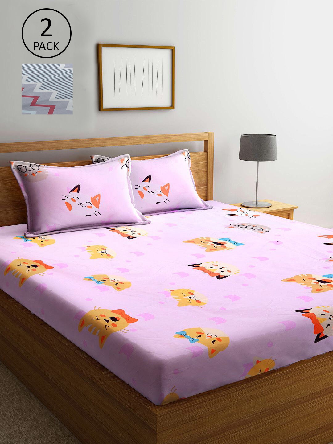 

KLOTTHE Grey & Pink Cartoon Characters 210 TC 2 King Bedsheet with 4 Pillow Covers