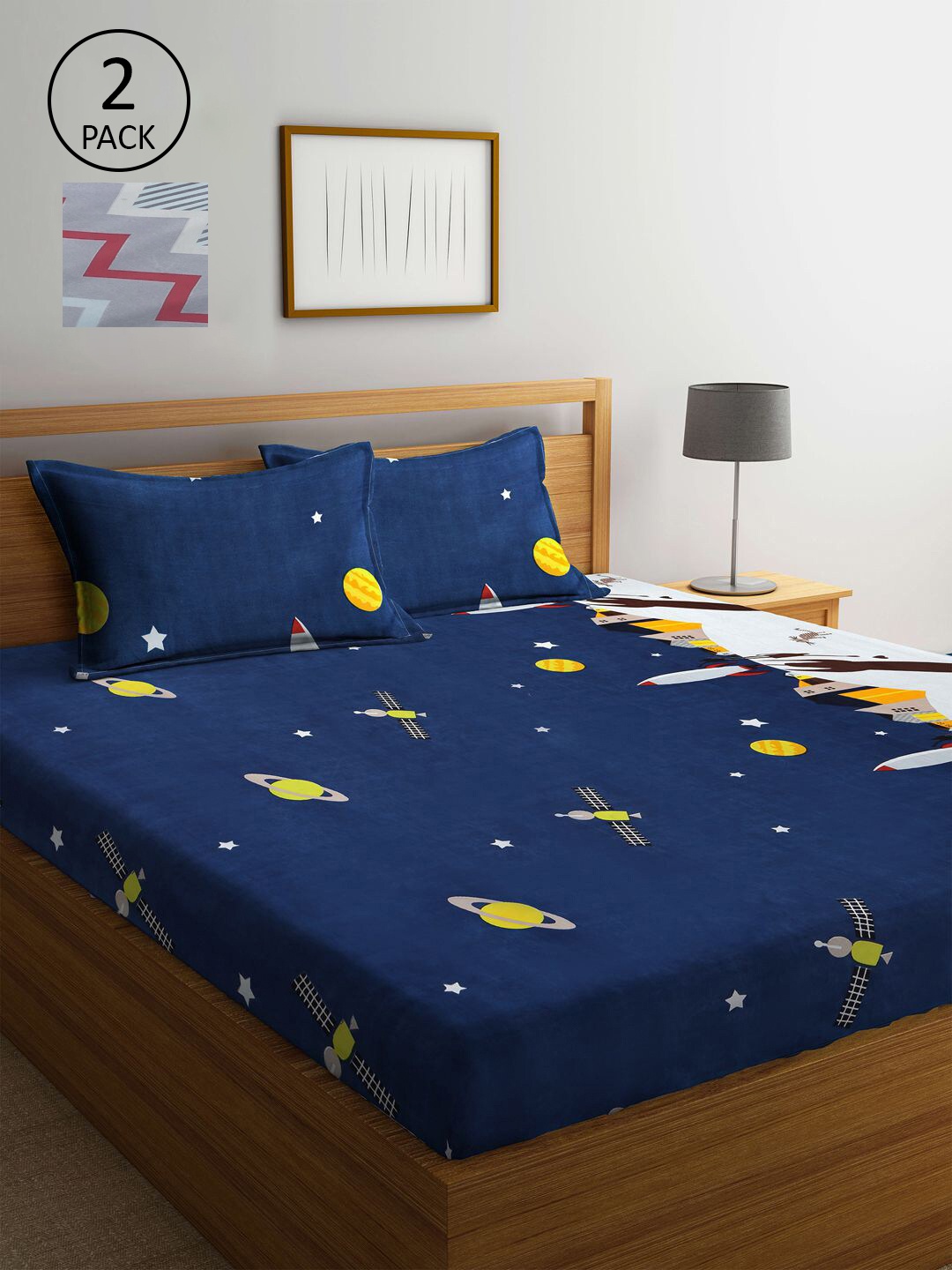 

KLOTTHE Blue & Grey Printed 210 TC 2 King Bedsheet with 4 Pillow Covers