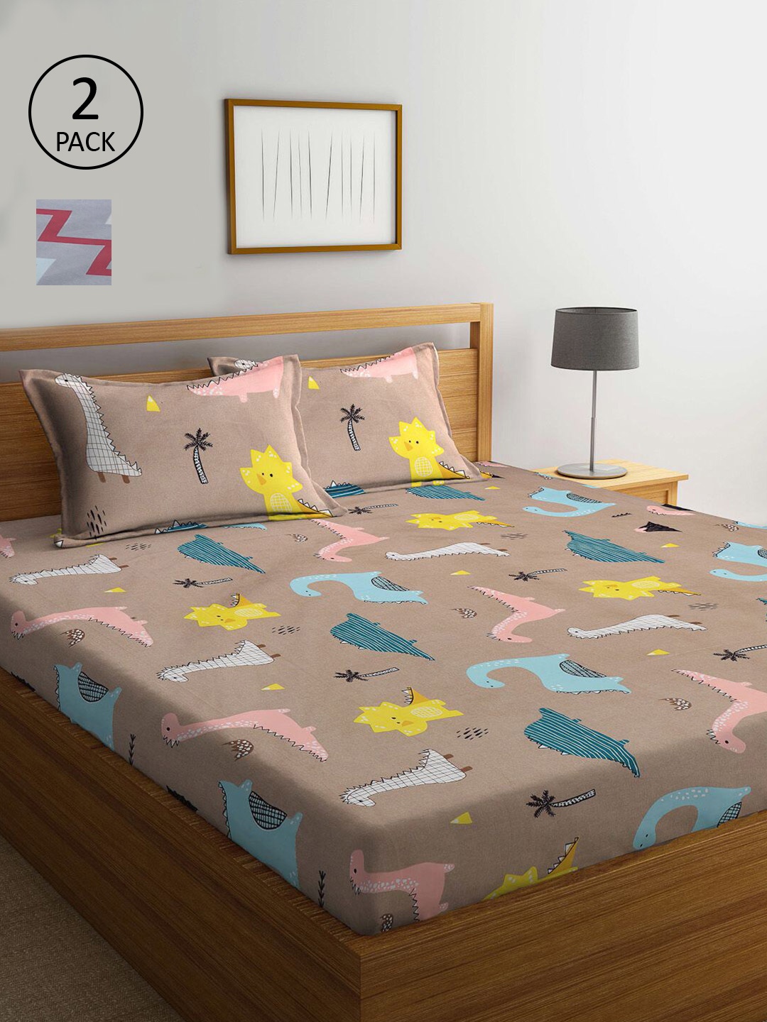 

KLOTTHE Grey & Yellow Cartoon Characters 210 TC 2 King Bedsheet with 4 Pillow Covers