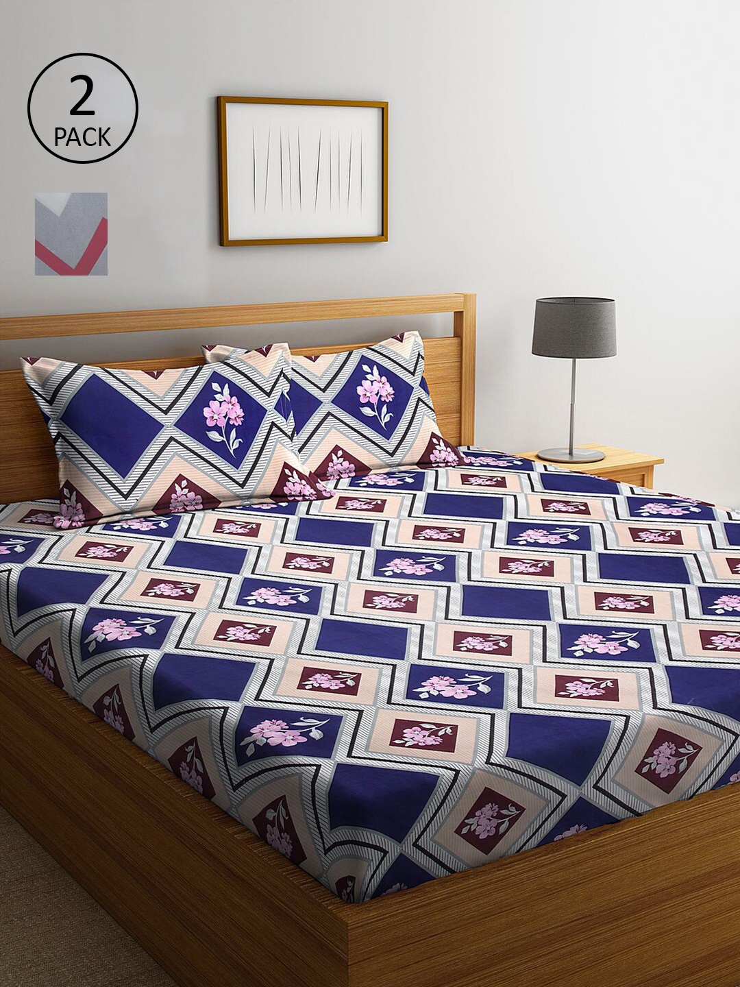 

KLOTTHE Grey & Blue Geometric 300 TC 2 King Bedsheet with 4 Pillow Covers