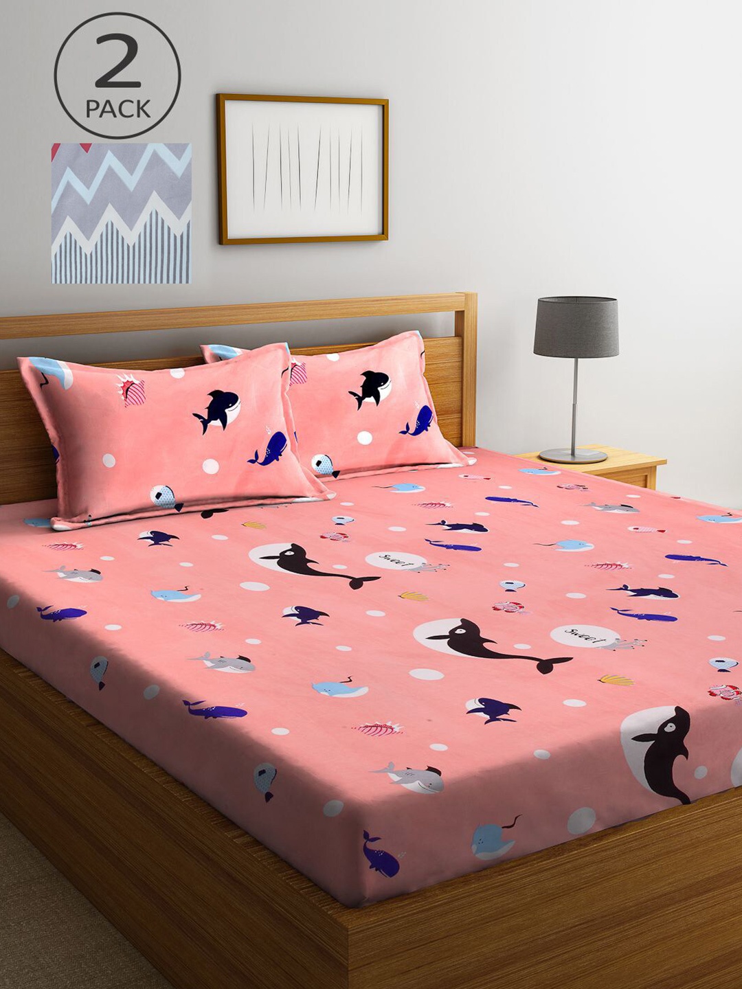 

KLOTTHE Peach-Coloured & Grey Printed 210 TC 2 King Bedsheet with 4 Pillow Covers