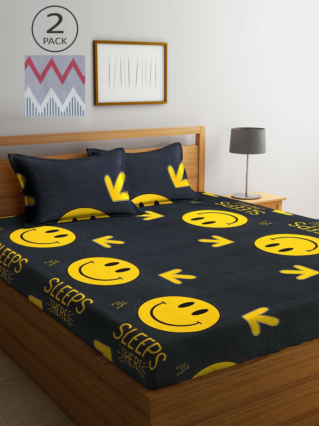 

KLOTTHE Grey & Black Cartoon Characters 210 TC 2 King Bedsheet with 4 Pillow Covers