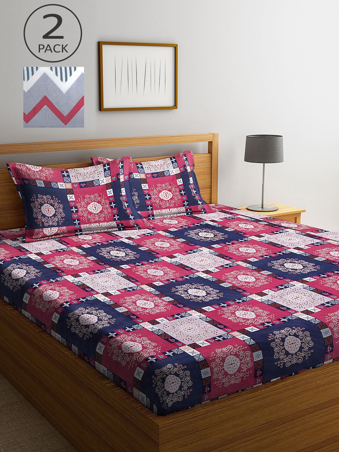 

KLOTTHE Pack Of 2 Grey & Pink Geometric 210 TC 2 King Bedsheet with 4 Pillow Covers
