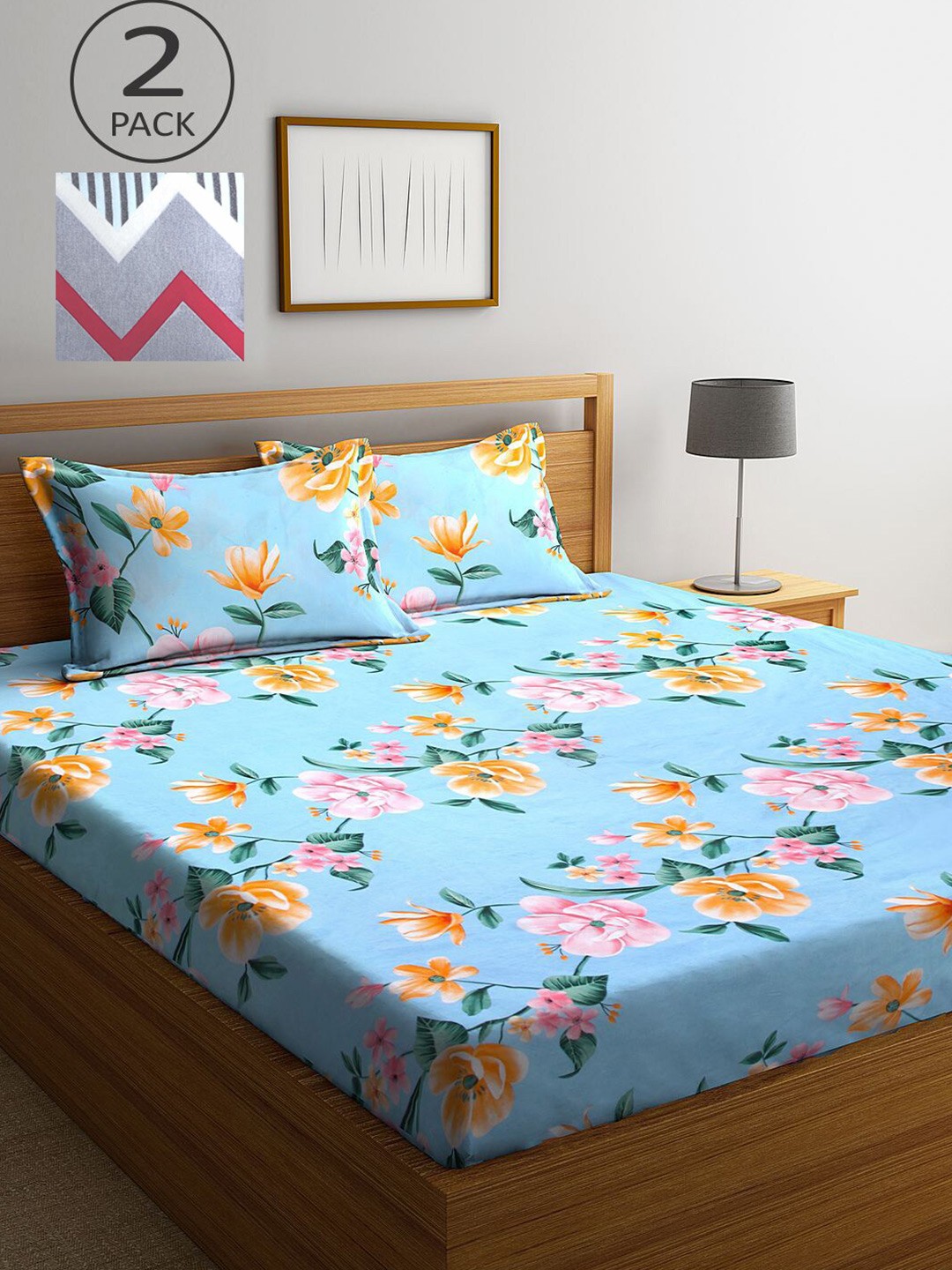 

KLOTTHE Grey & Blue Floral 210 TC 2 King Bedsheet with 4 Pillow Covers