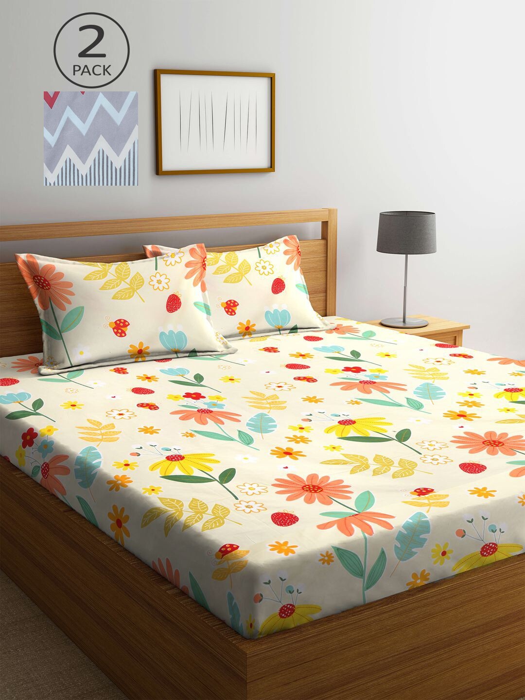 

KLOTTHE Grey & Orange Floral 210 TC 2 King Bedsheet with 4 Pillow Covers