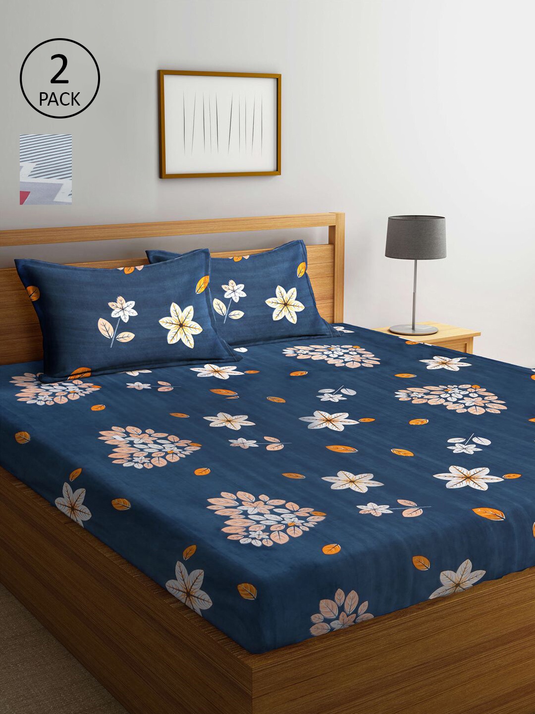 

KLOTTHE Navy Blue & Grey Floral 210 TC 2 King Bedsheet With 4 Pillow Covers