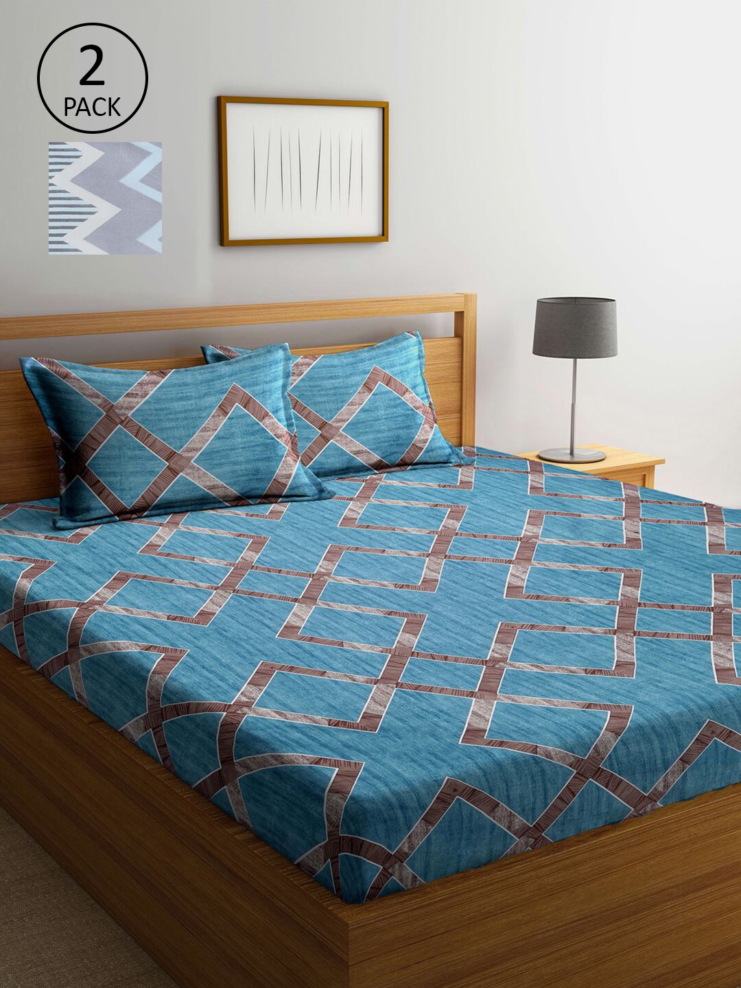 

KLOTTHE Blue & Grey Geometric 300 TC 2 King Bedsheet with 4 Pillow Covers