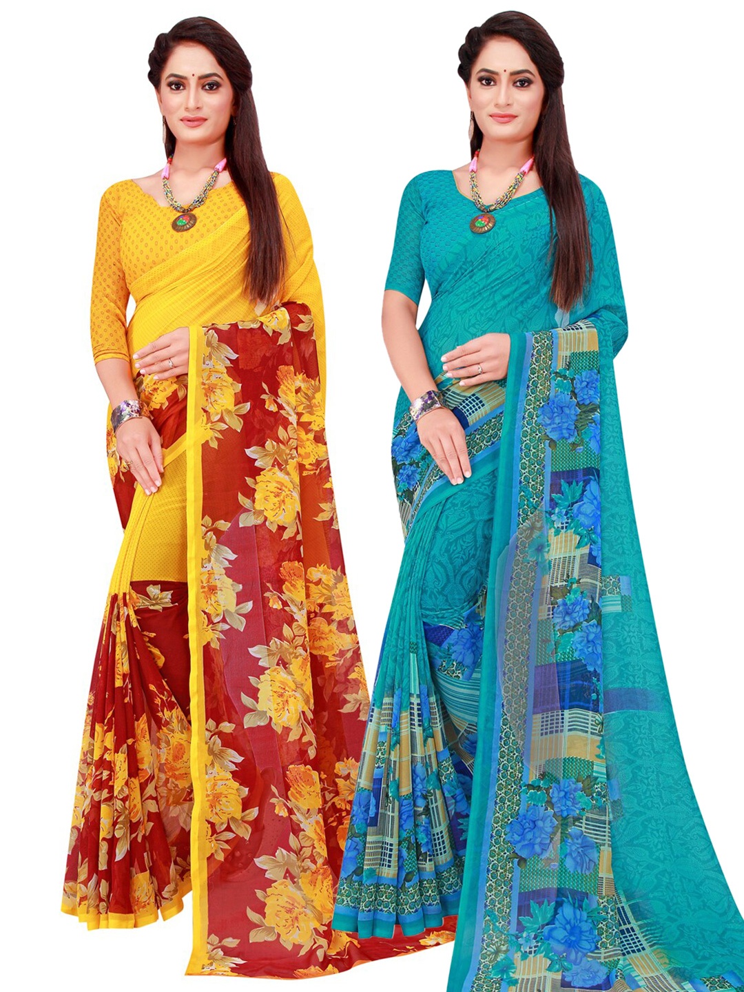 

KALINI Pack of 2 Turquoise Blue & Maroon Printed Pure Georgette Saree