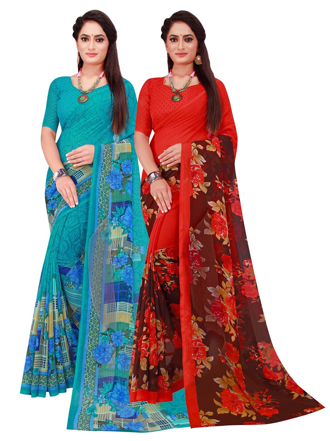 

KALINI Pack of 2 Pure Georgette Sarees, Turquoise blue