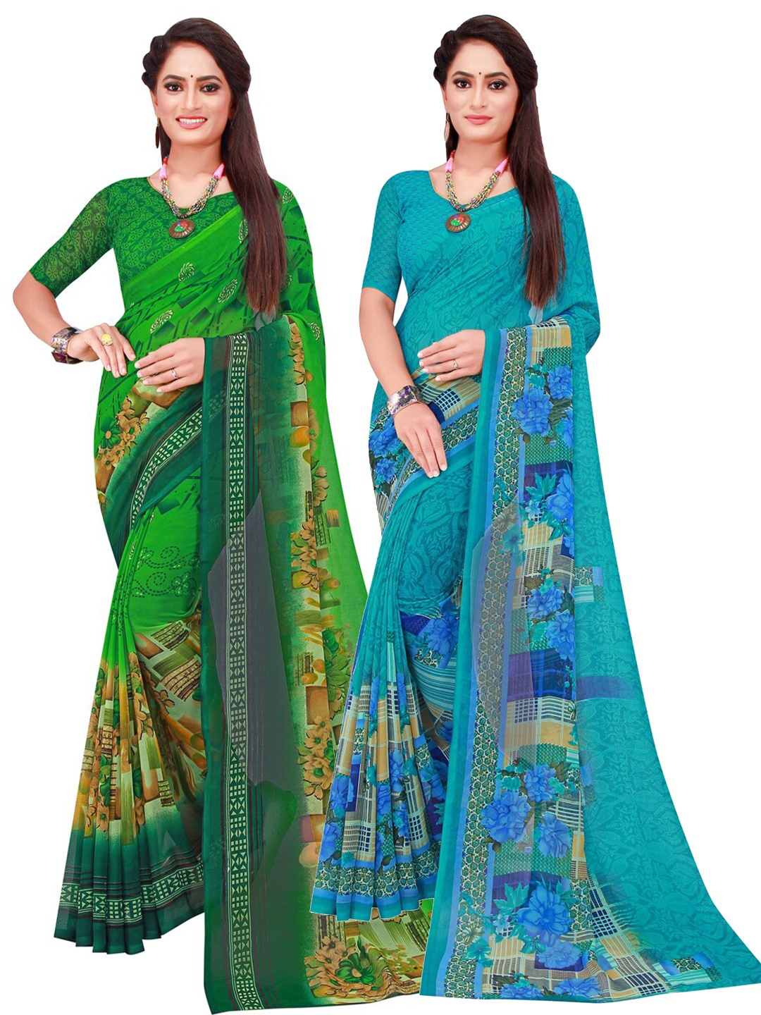 

KALINI Pack of 2 Pure Georgette Sarees, Turquoise blue