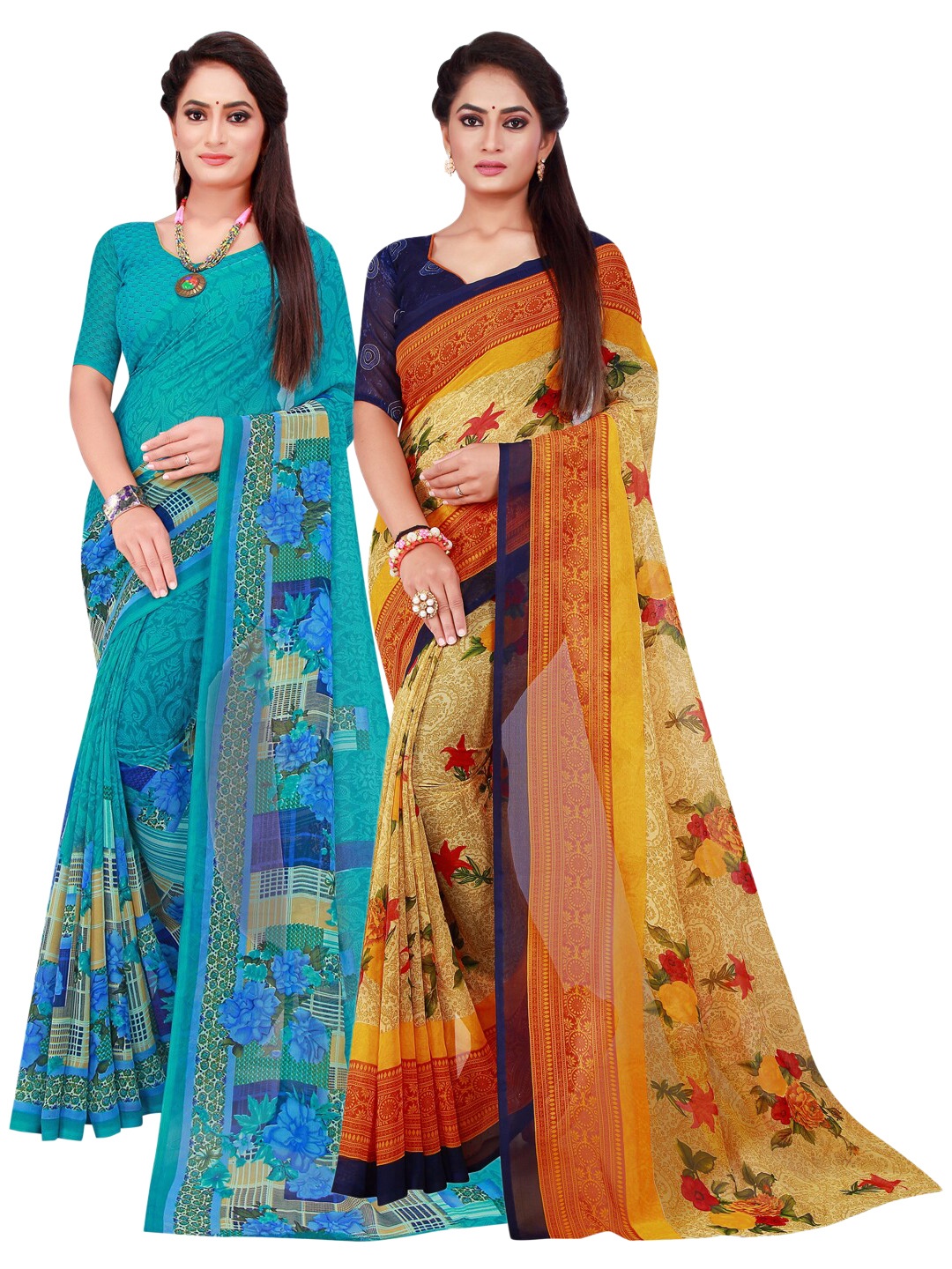 

KALINI Pack of 2 Pure Georgette Sarees, Turquoise blue