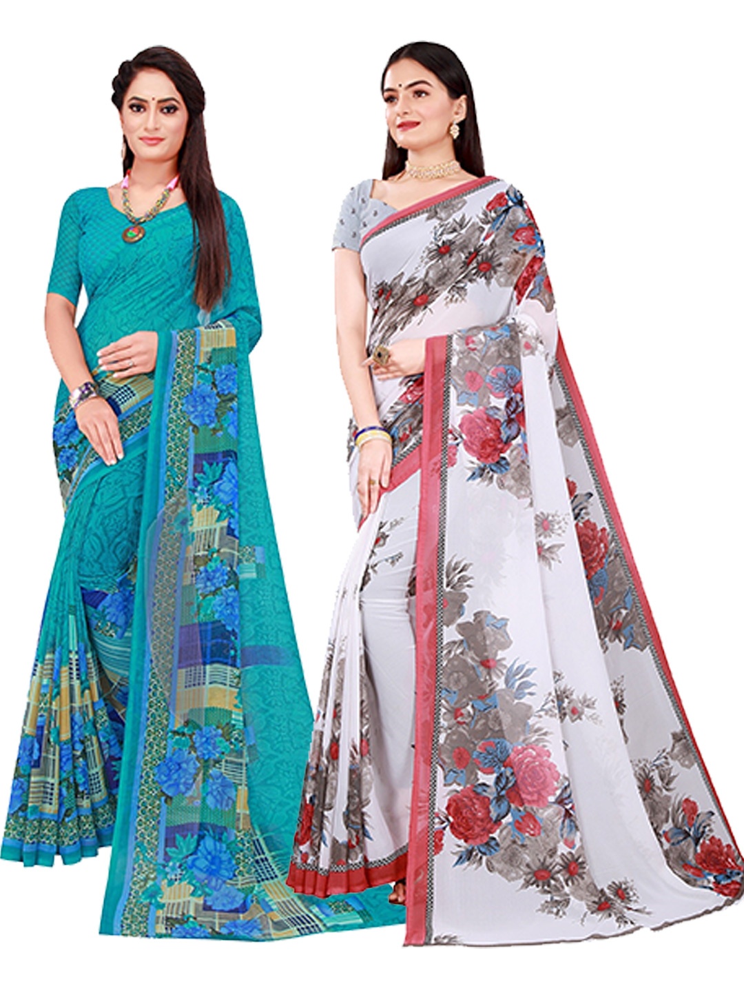 

KALINI Turquoise Pack Of 2 Blue & White Floral Pure Georgette Saree, Turquoise blue