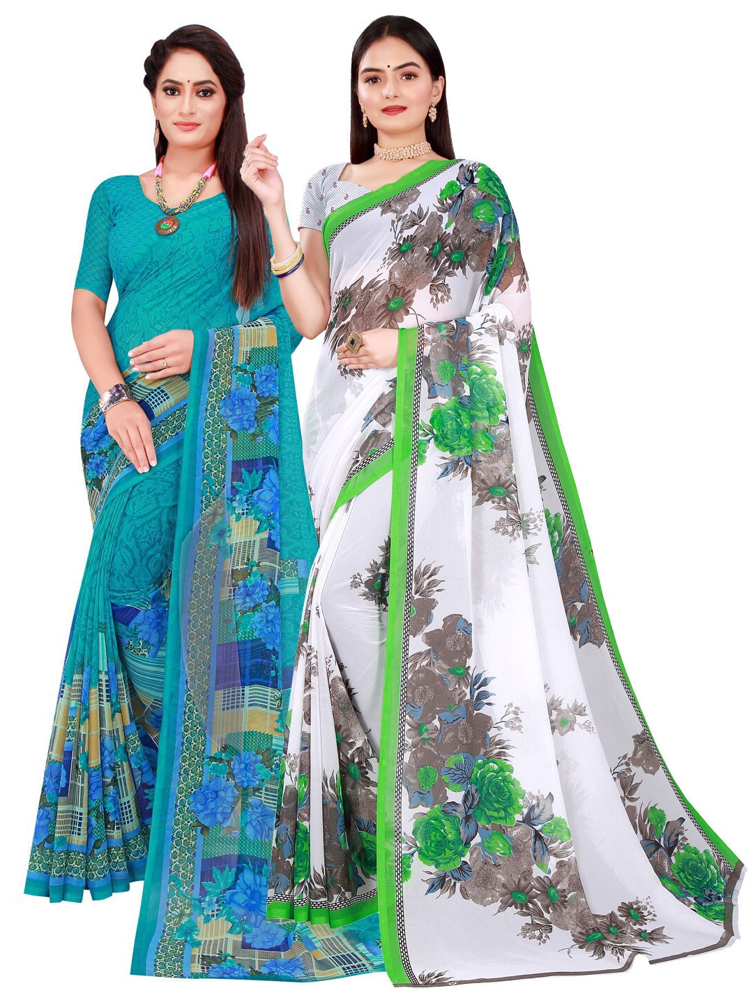 

KALINI Pack of 2 Turquoise Blue & White Printed Pure Georgette Saree