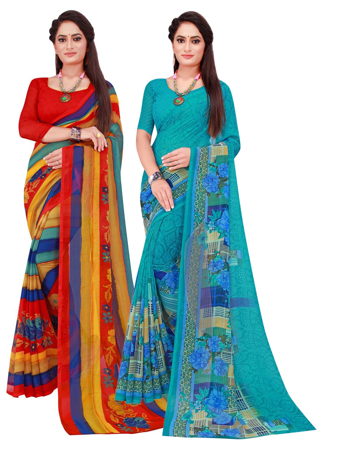 

KALINI Pack of 2 Turquoise Blue & Yellow Printed Pure Georgette Saree