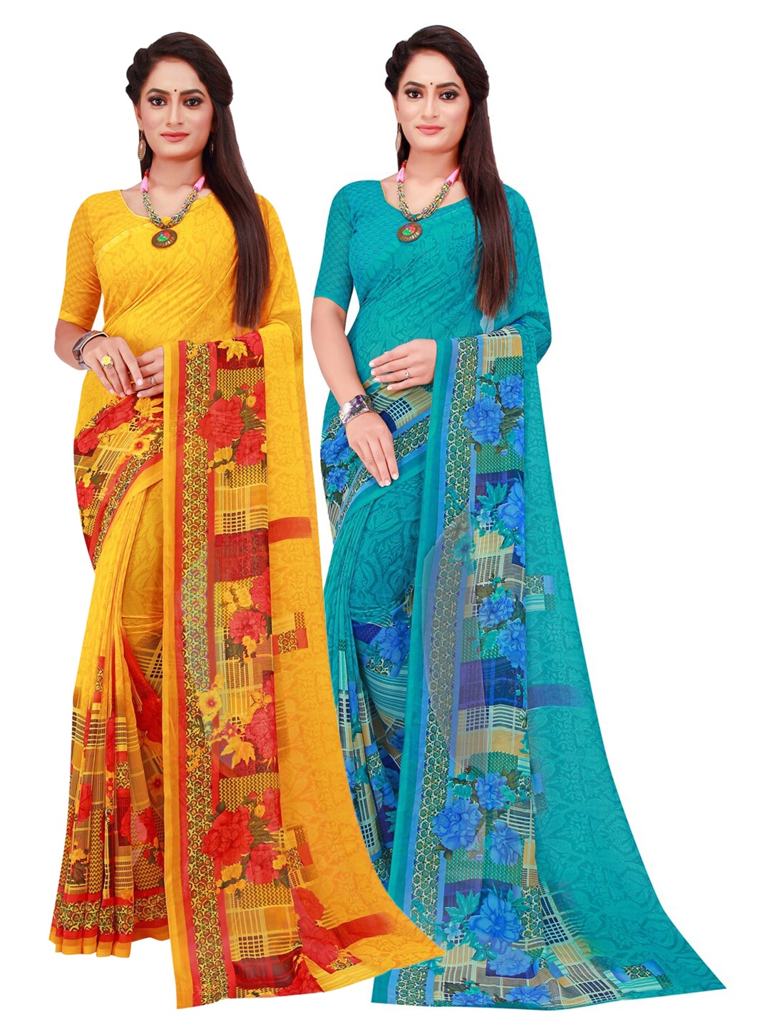 

KALINI Pack of 2 Yellow & Turquoise Blue Printed Pure Georgette Saree