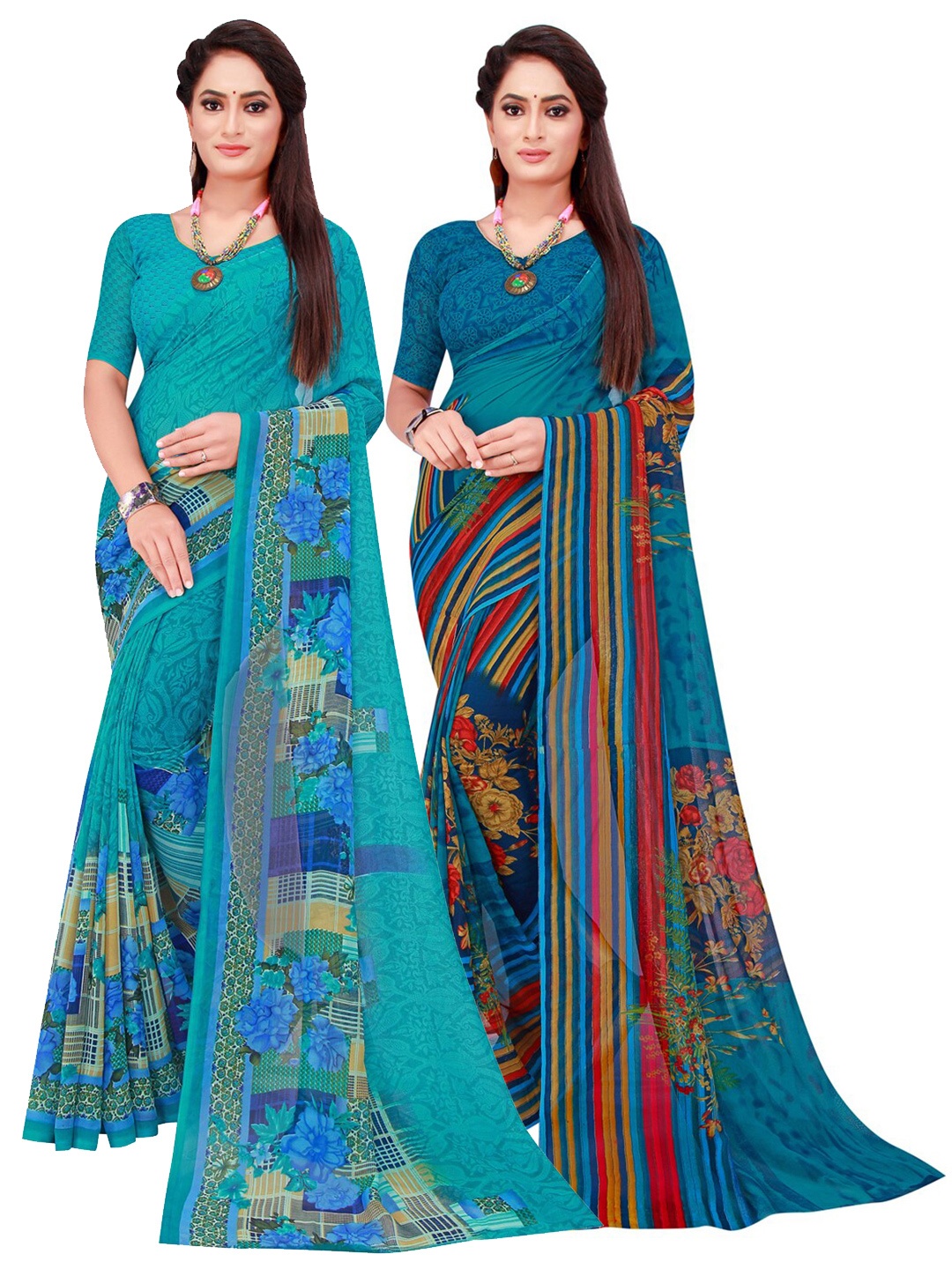 

KALINI Pack of 2 Pure Georgette Sarees, Turquoise blue