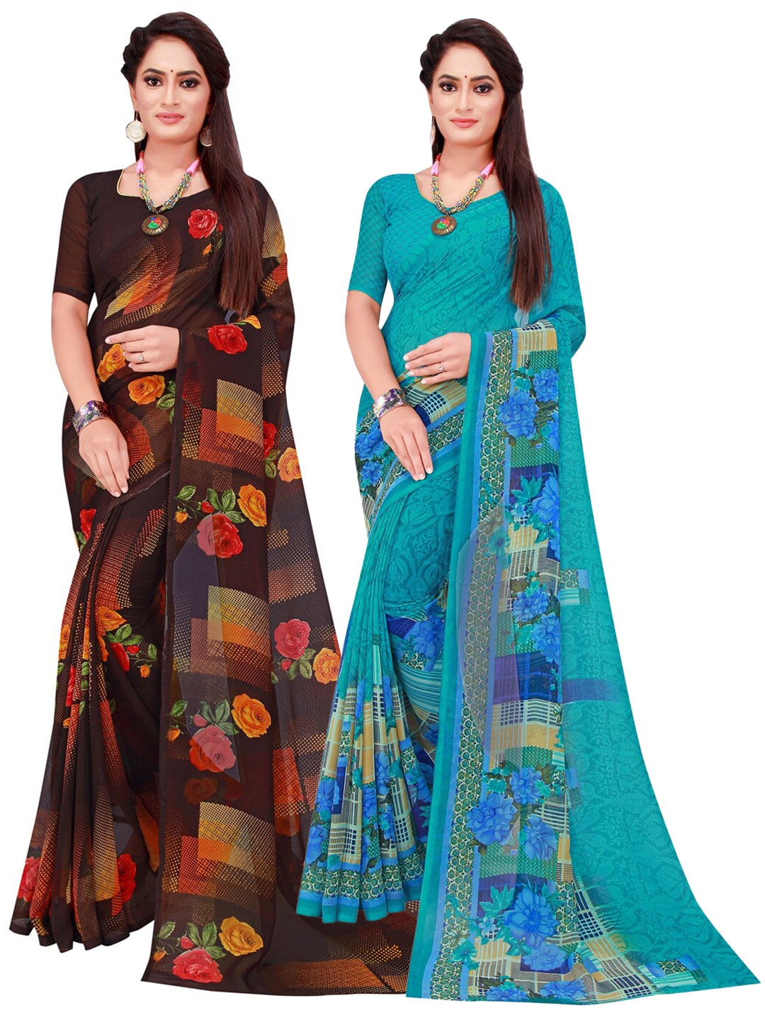 

KALINI Pack of 2 Turquoise Blue & Black Printed Pure Georgette Saree