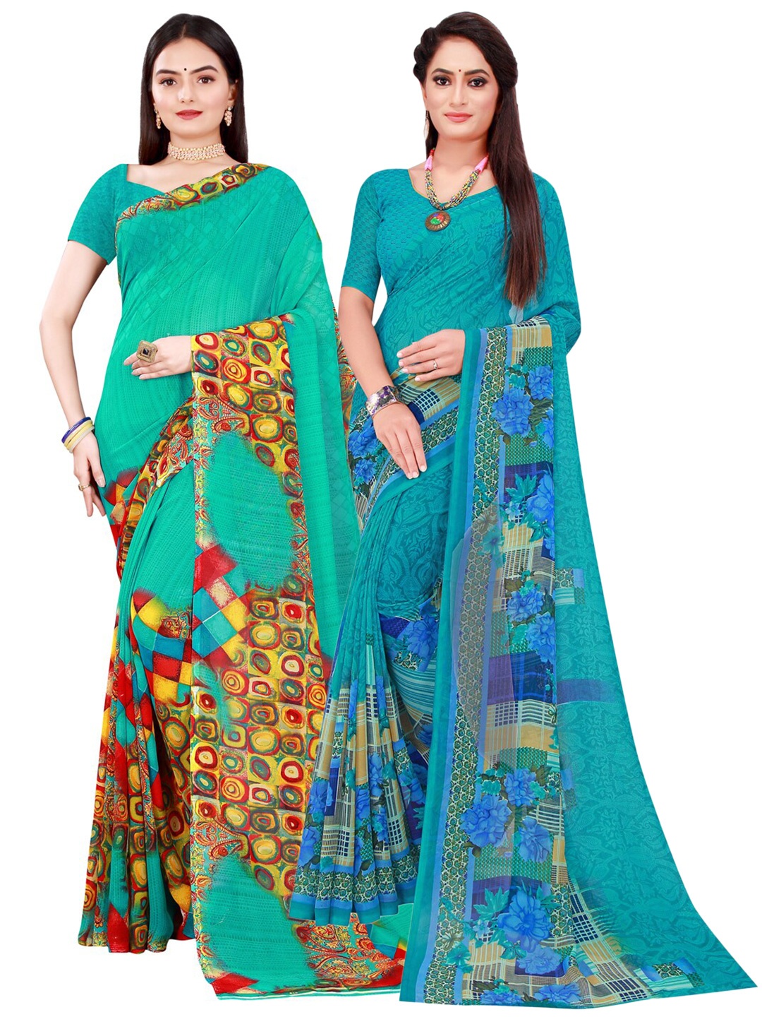 

KALINI Pack of 2 Turquoise Blue & Green Printed Pure Georgette Saree