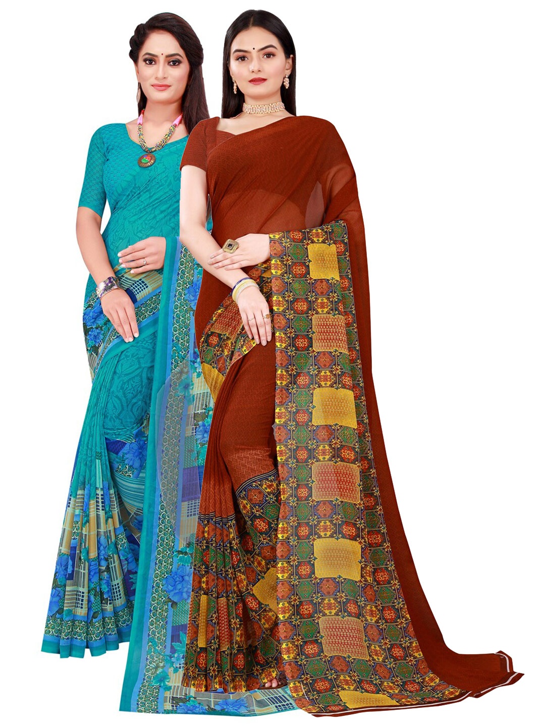 

KALINI Pack of 2 Pure Georgette Sarees, Turquoise blue