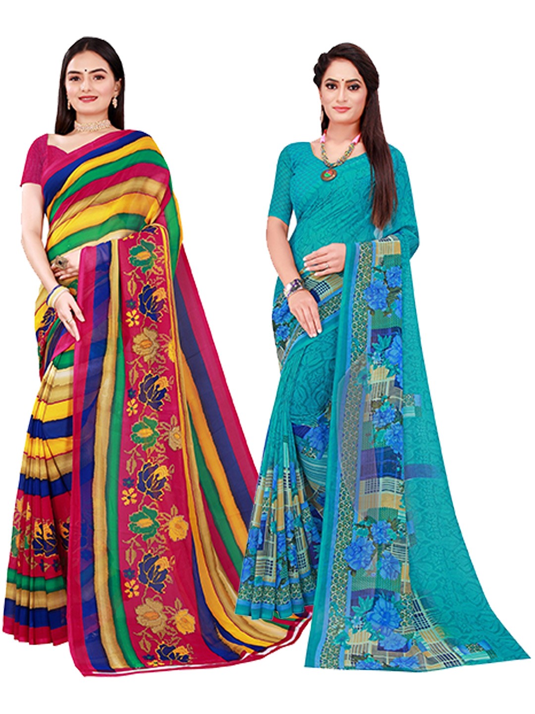 

KALINI Pack of 2 Turquoise Blue & Yellow Printed Pure Georgette Saree