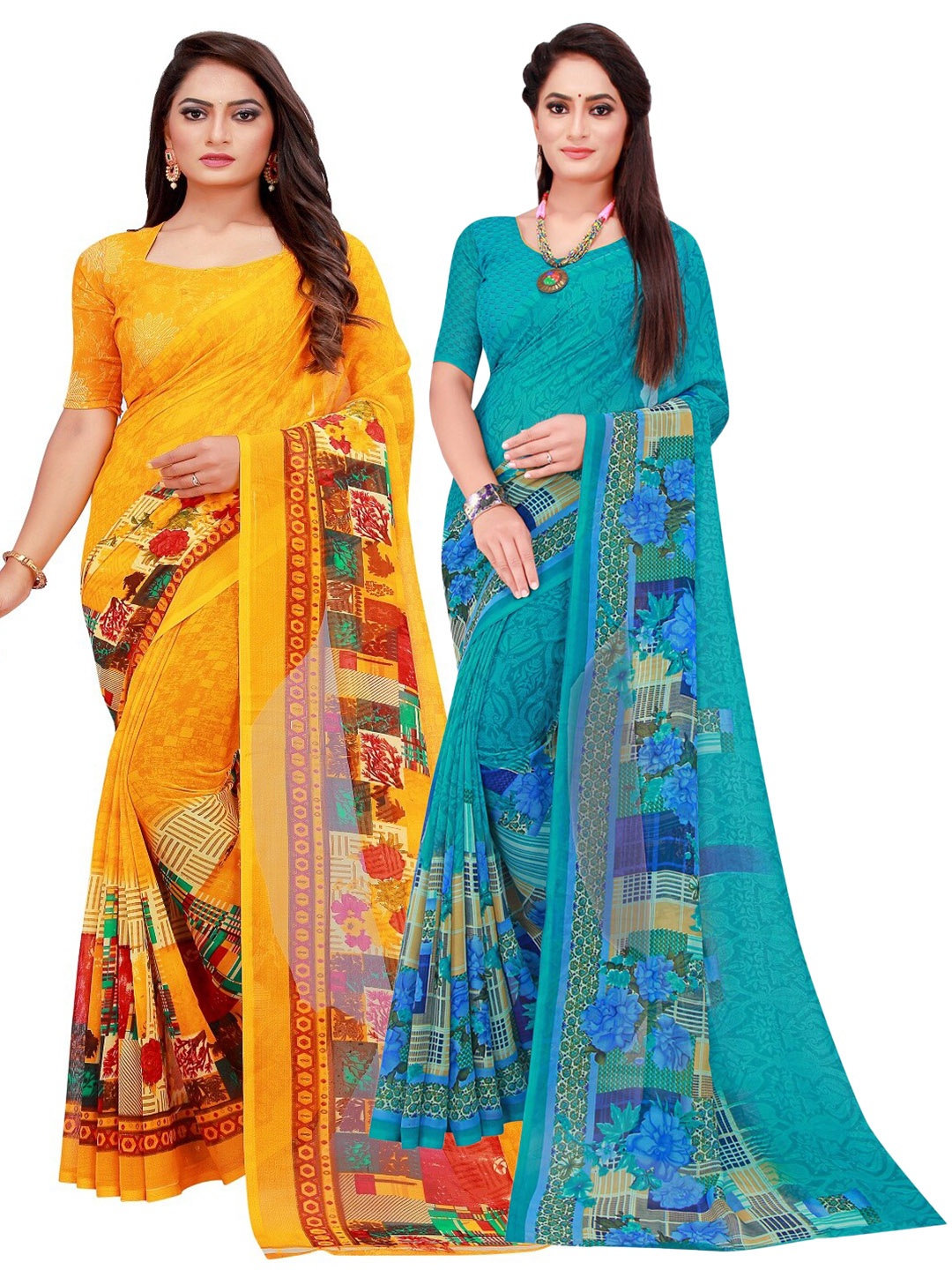 

KALINI Pack of 2 Pure Georgette Sarees, Turquoise blue