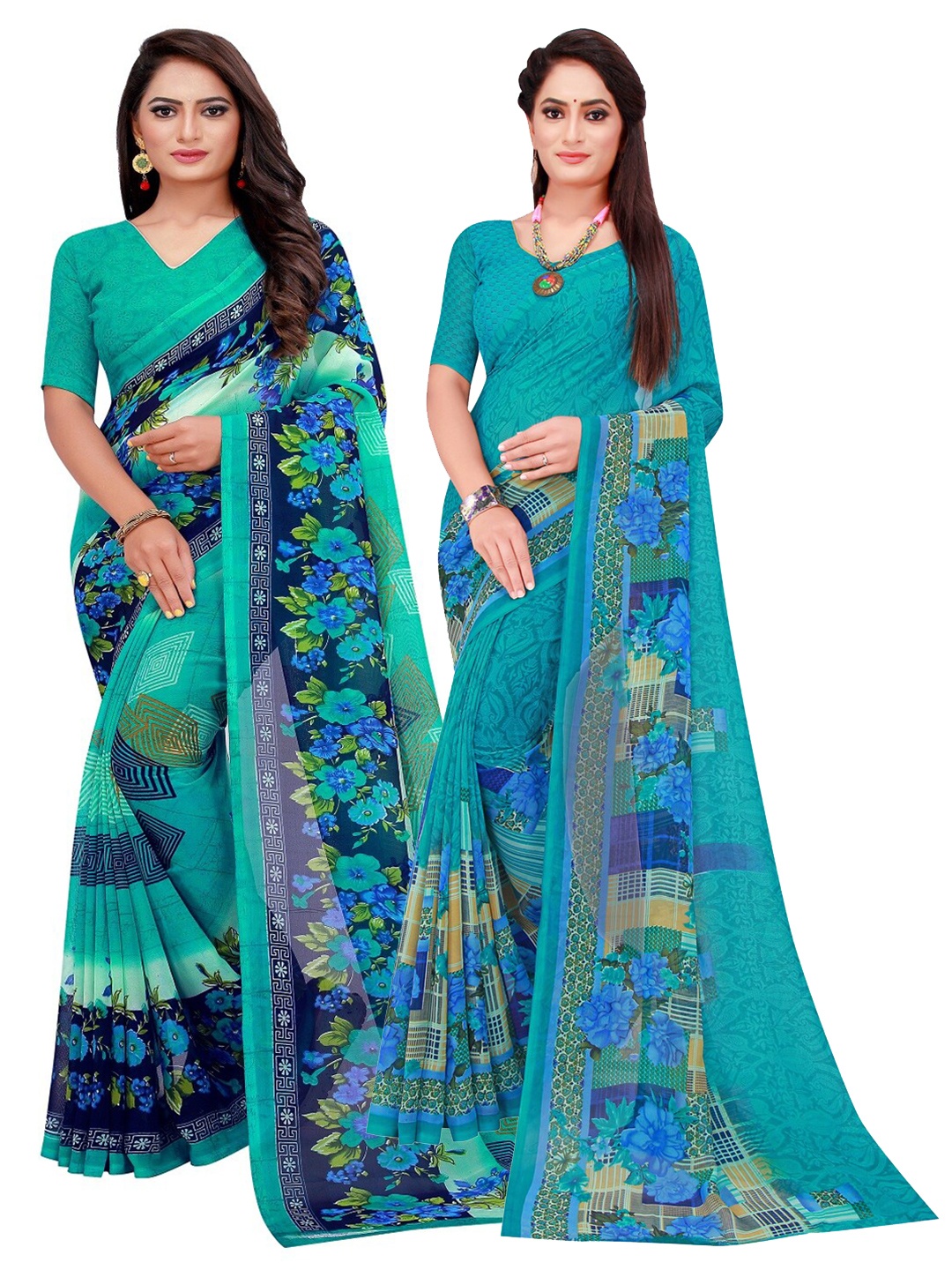 

KALINI Set of 2 Pure Georgette Saree, Turquoise blue