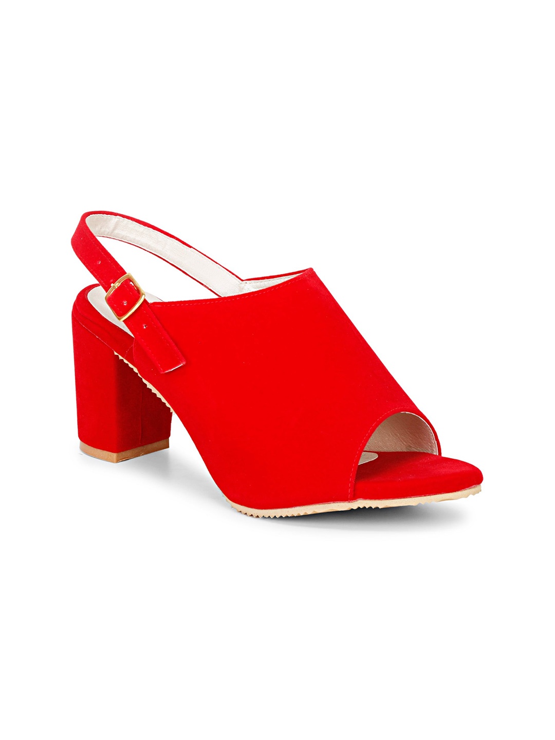 

Misto Red Suede Block Peep Toes with Buckles