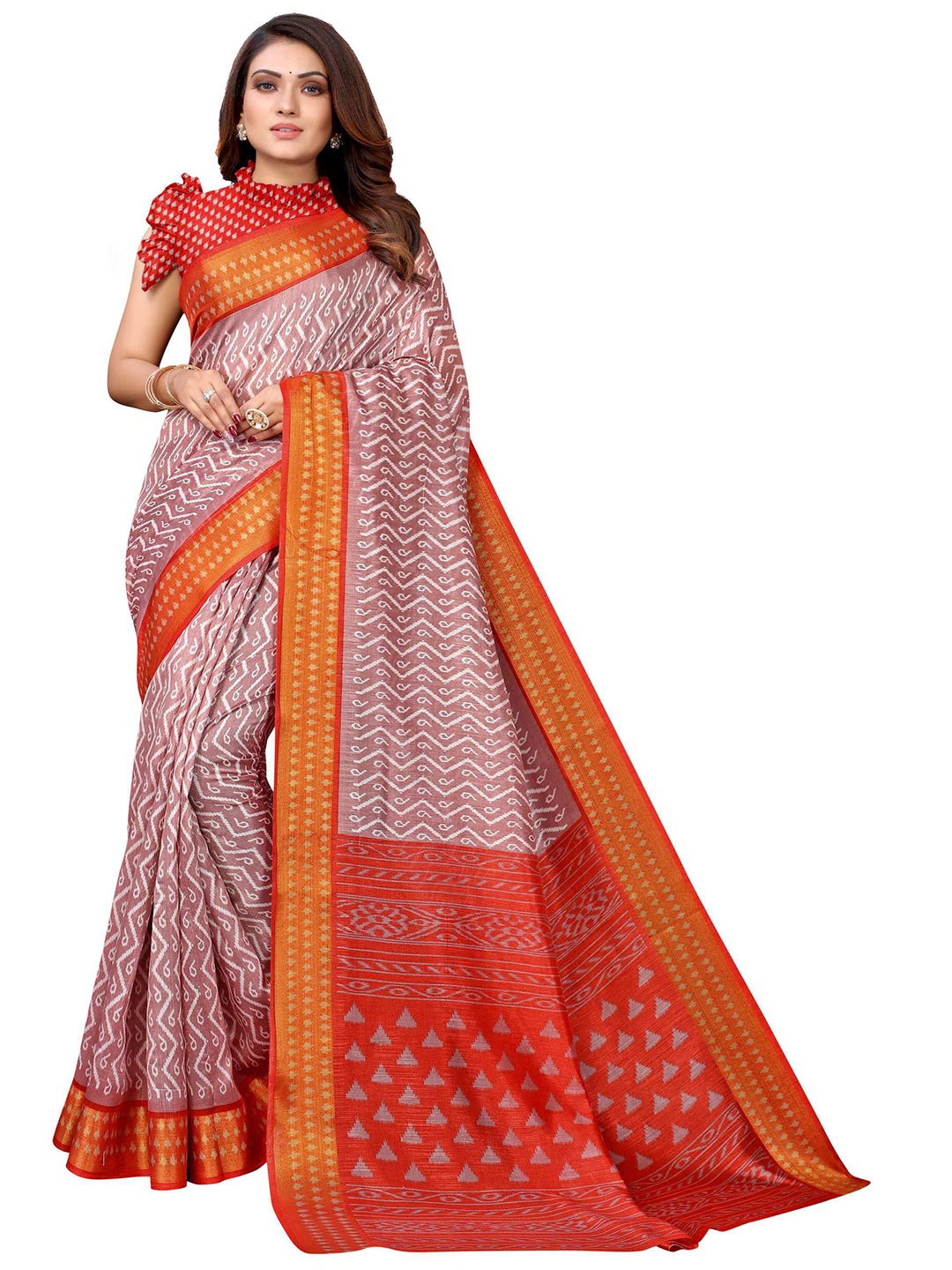 

AADVIKA Pink & Orange Ethnic Motifs Art Silk Mysore Silk Saree