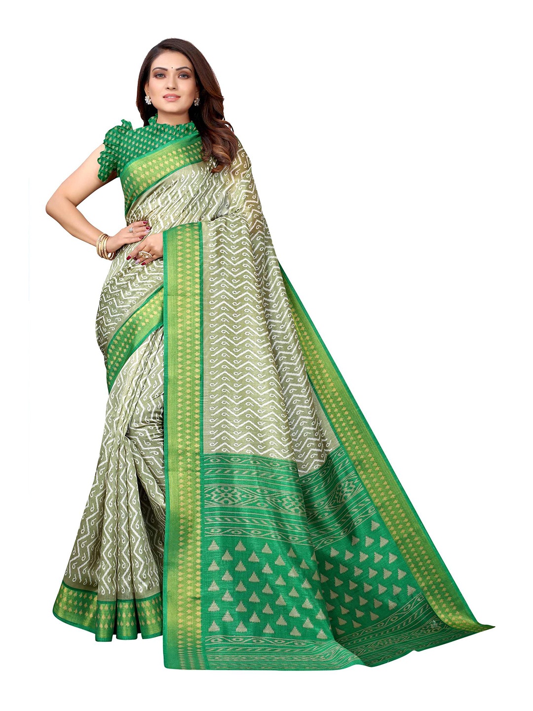 

AADVIKA Green & Olive Green Ethnic Motifs Zari Art Silk Mysore Silk Saree