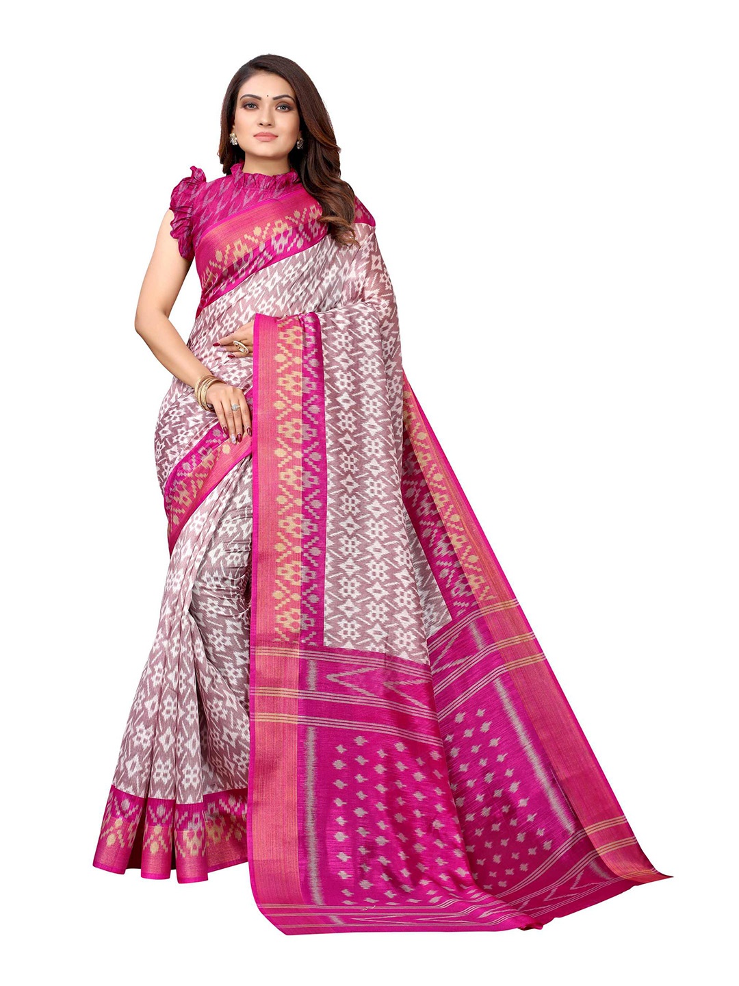 

AADVIKA Pink & Gold-Toned Ethnic Motifs Silk Blend Mysore Silk Saree