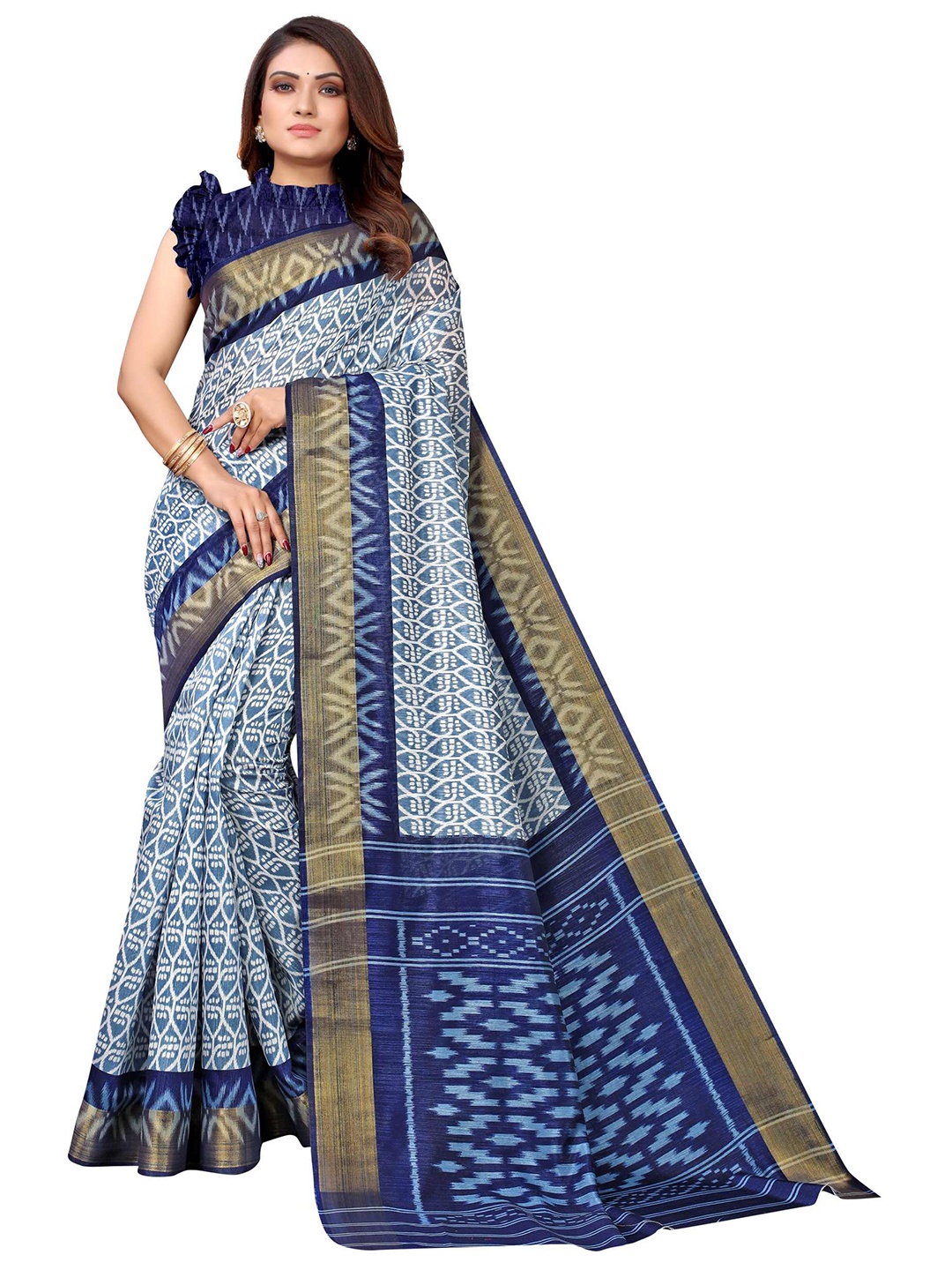 

AADVIKA Blue & Gold-Toned Ethnic Motifs Silk Blend Mysore Silk Saree