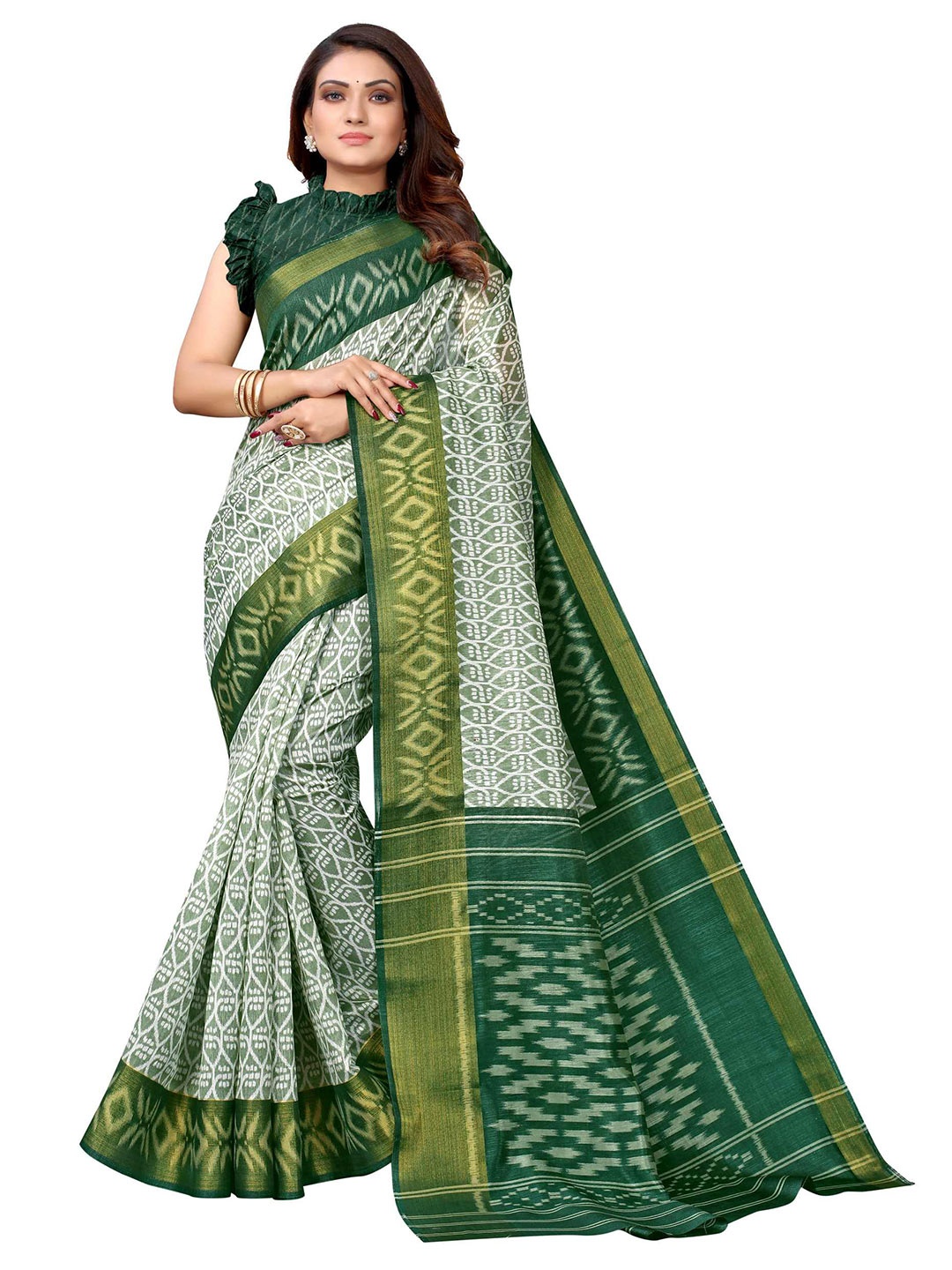

AADVIKA Green & White Ethnic Motifs Art Silk Mysore Silk Saree