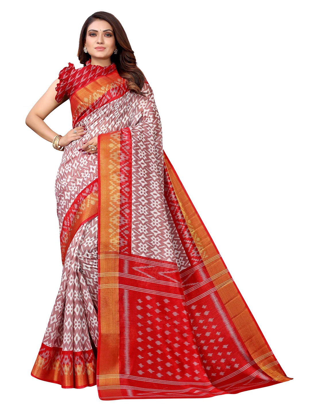 

AADVIKA Red & White Ethnic Motifs Art Silk Mysore Silk Saree