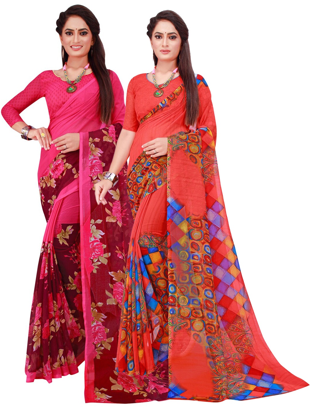 

KALINI Pack of 2 Red & Pink Printed Pure Georgette Saree