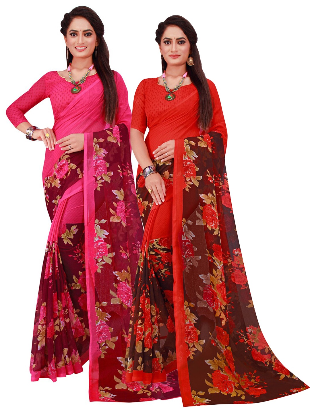 

KALINI Pack of 2 Magenta & Red Printed Pure Georgette Saree