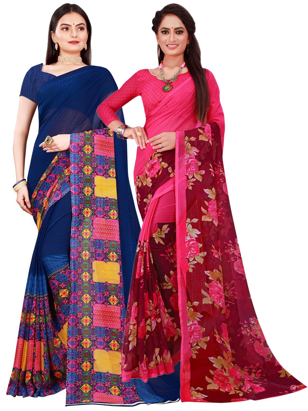 

KALINI Pack of 2 Pure Georgette Sarees, Magenta