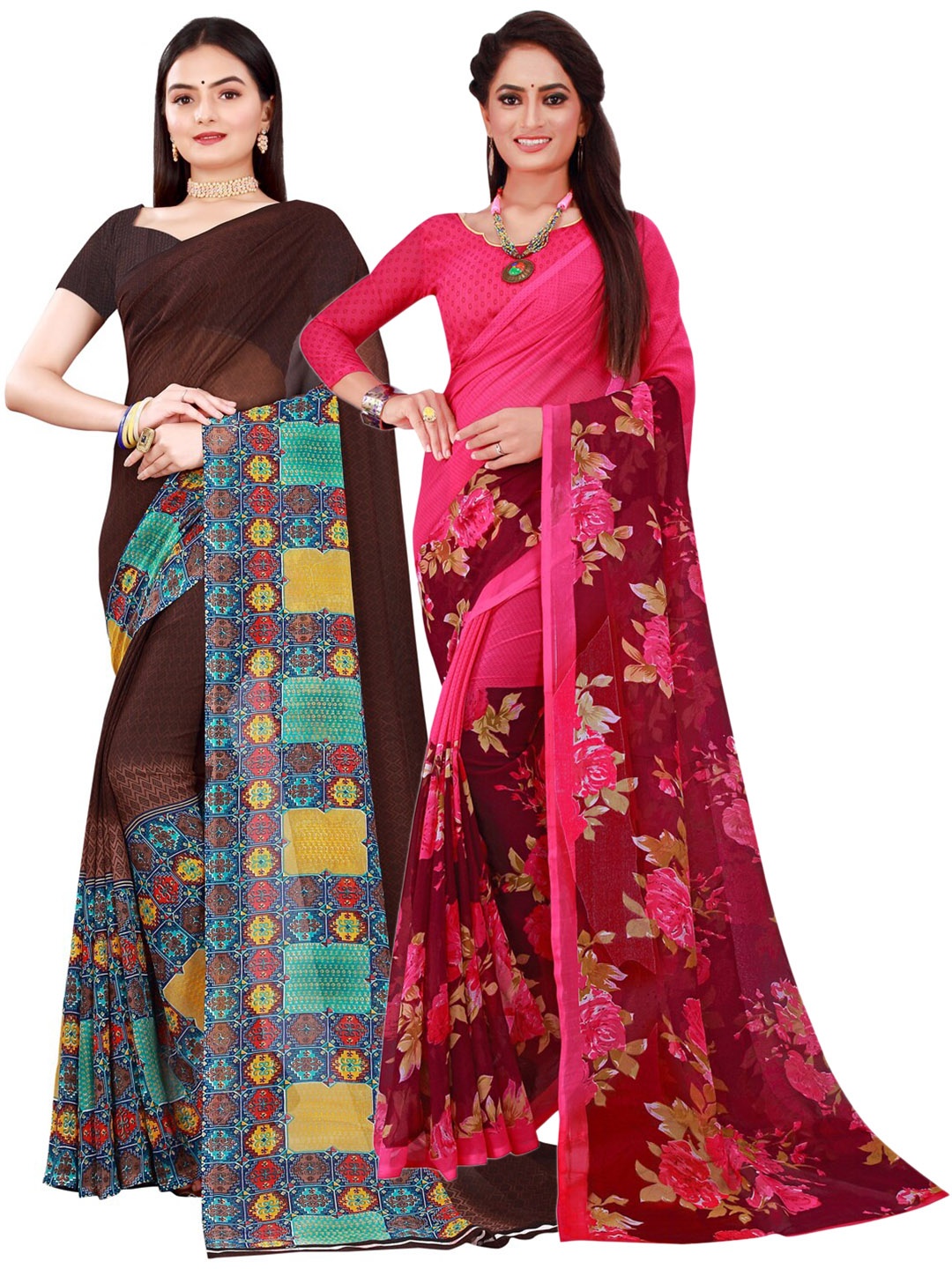 

KALINI Pack of 2 Brown & Magenta Printed Pure Georgette Saree