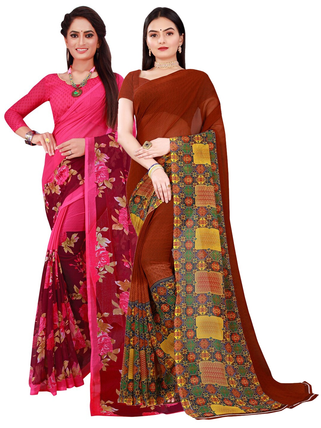 

KALINI Pack of 2 Pure Georgette Sarees, Magenta