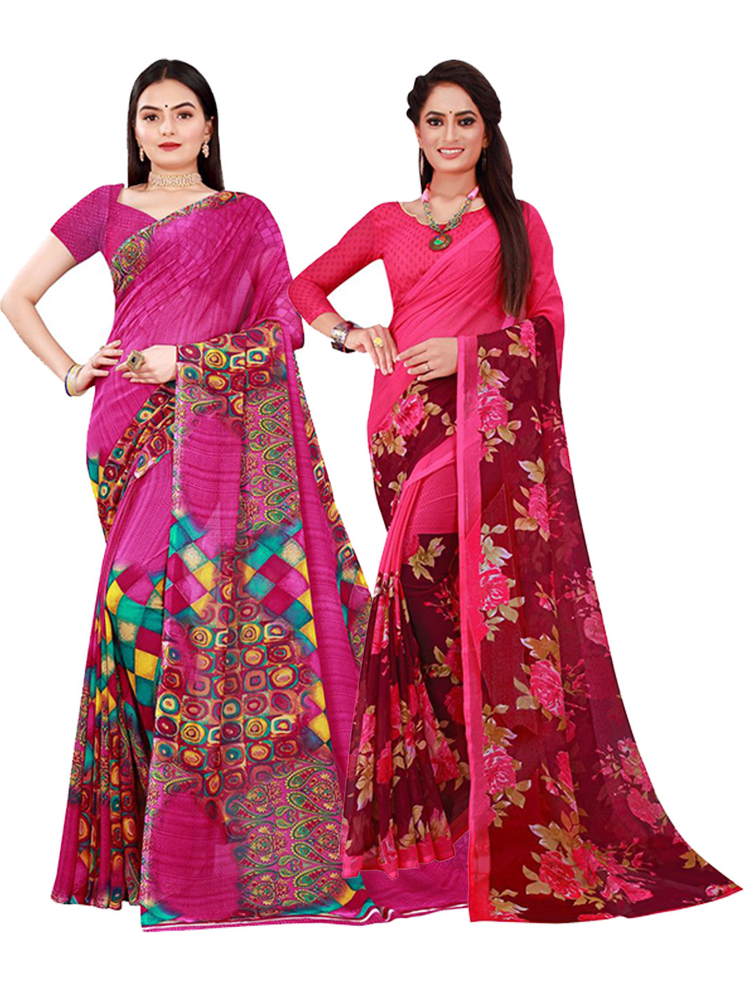 

KALINI Pack of 2 Magenta & Red Printed Pure Georgette Saree