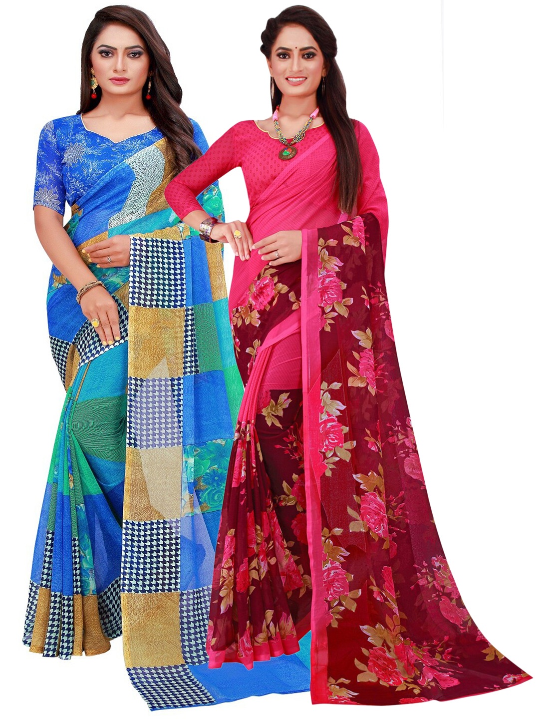 

KALINI Pack of 2 Pure Georgette Sarees, Blue